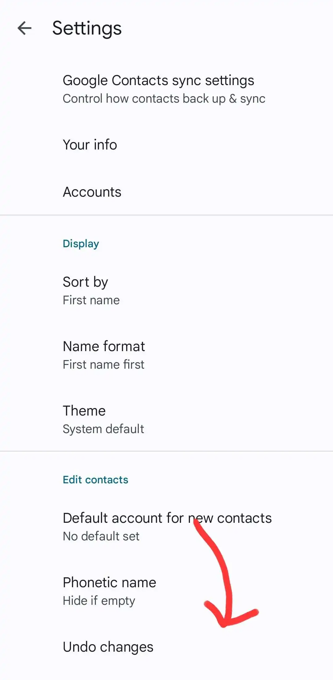 google contacts app undo changes in settings