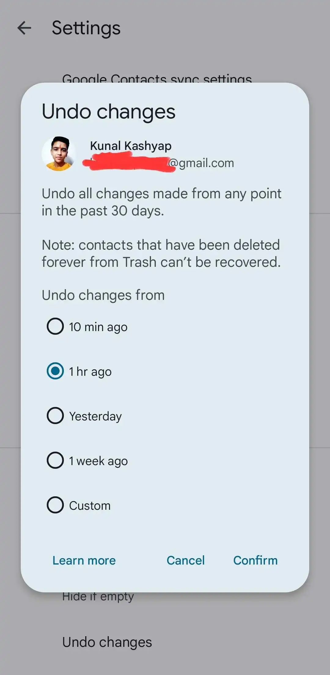 undo changes in contacts app